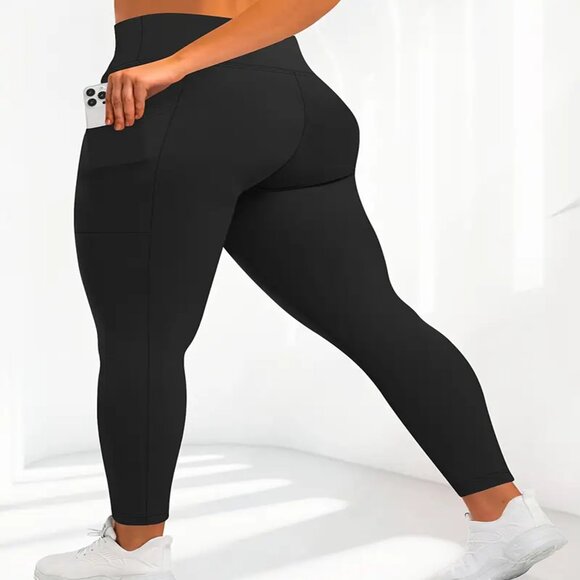 Womens Plus High Waist Yoga Leggings w/Pockets Stretchy Black Sizes 1X-3X - Picture 2 of 3